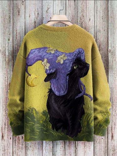 Halloween Funny Wizard Black Cat Art Print Pattern Casual Knit Sweatshirt