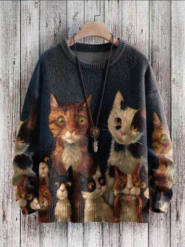 Vintage Cat Art Print Casual Knit Pullover Sweater