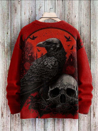 Halloween Vintage Raven Skull Print Sweater