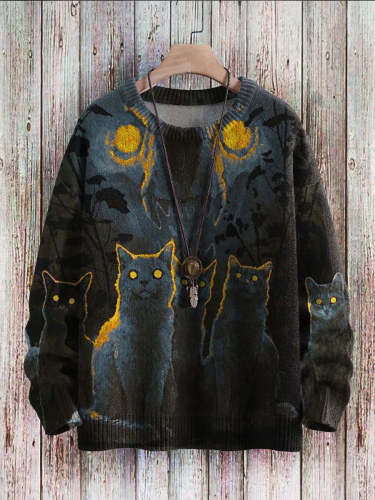Halloween Funny Cats Art Print Pattern Casual Knit Sweatshirt