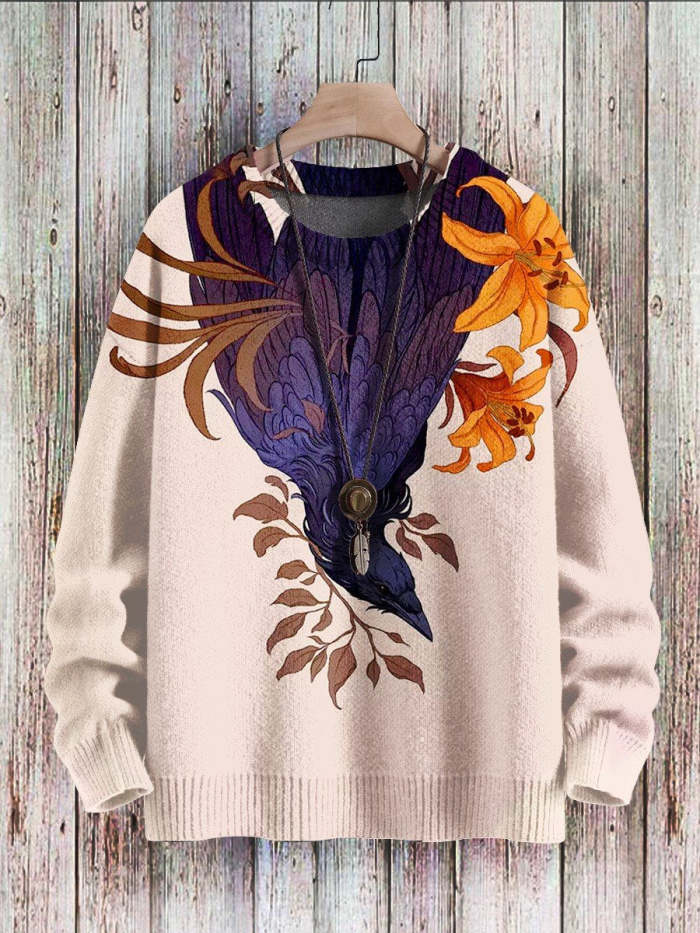 Crow Flower Art  Print Pullover Knitted Sweater