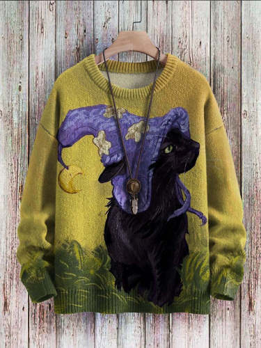 Halloween Funny Wizard Black Cat Art Print Pattern Casual Knit Sweatshirt