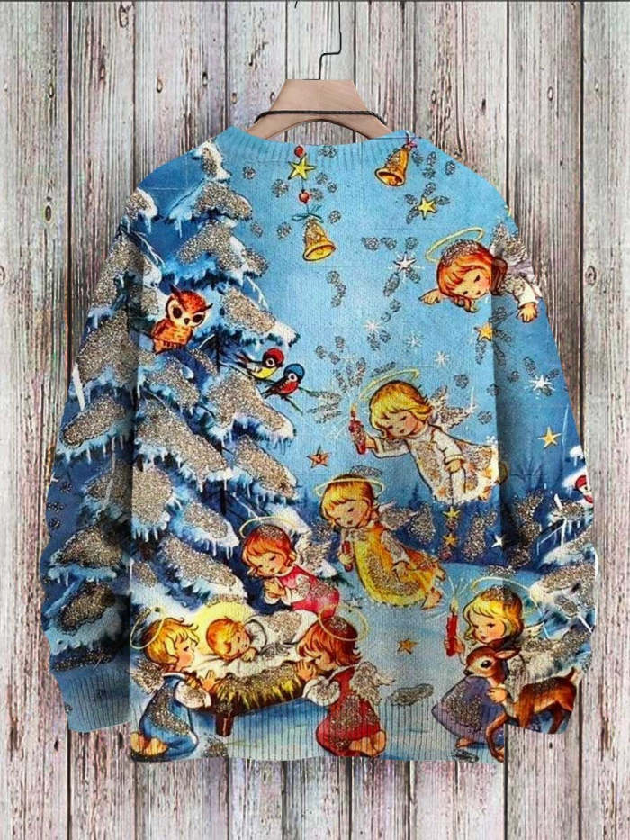 Christmas Cute Children Wish Art Print Knit Pullover Casual Sweatshirt