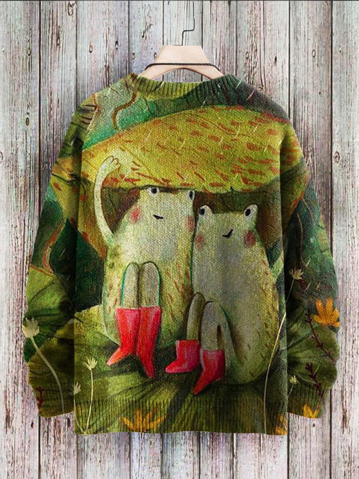 Funny Frogs Art Pattern Print Casual Knit Pullover Sweatshirt