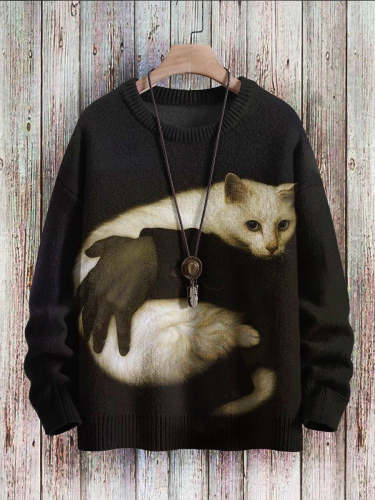 Vintage Cat Art  Print Pullover Knitted Sweater