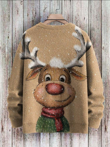Unisex Christmas Cute Animal Elk Smile Snowflake Art Print Casual Knit Sweatshirt