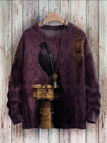 Halloween Raven Art Print Casual Knit Sweater
