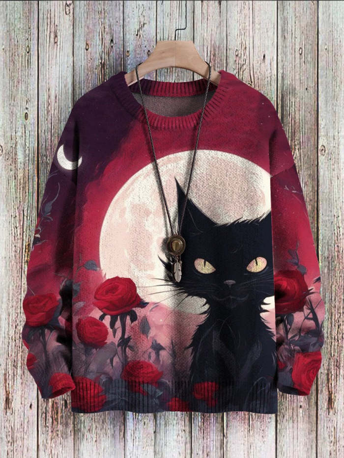 Halloween Black Cat Rose Art Print Pullover Sweater