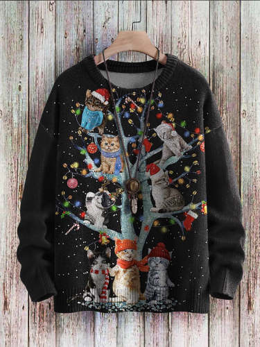 Christmas Cute Cats Decoration Pattern Art Print Casual Knit Pullover Sweatshirt