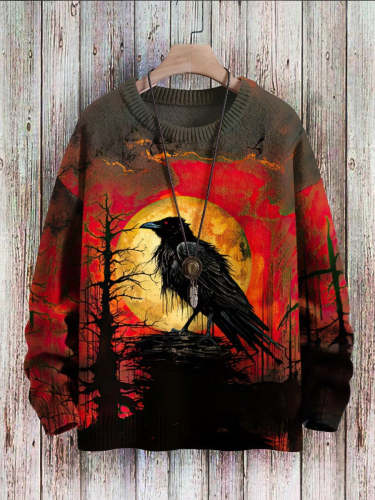 Moon Raven Art Casual Print Pullover Sweater