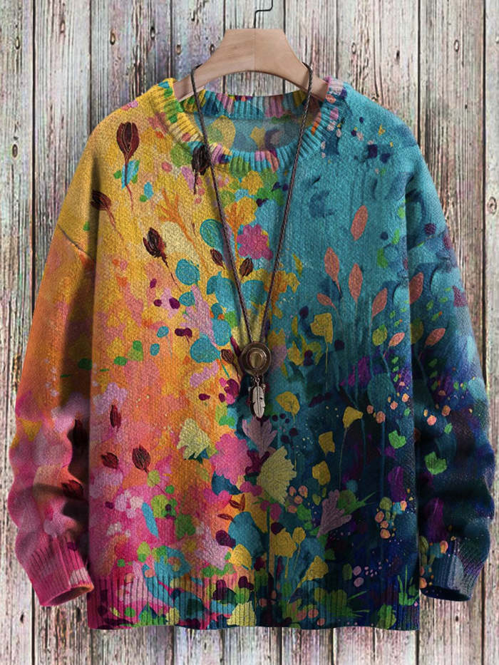 Vintage Floral Art Casual Print Pullover Knit Sweater