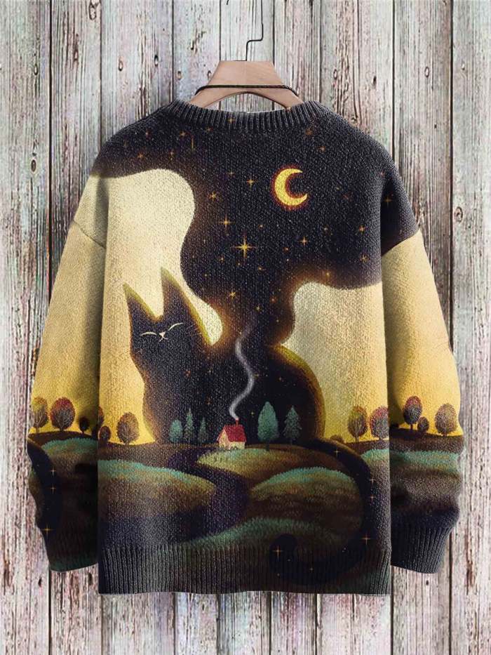 Vintage Cute Cat Art Print Casual Knit Pullover Sweater