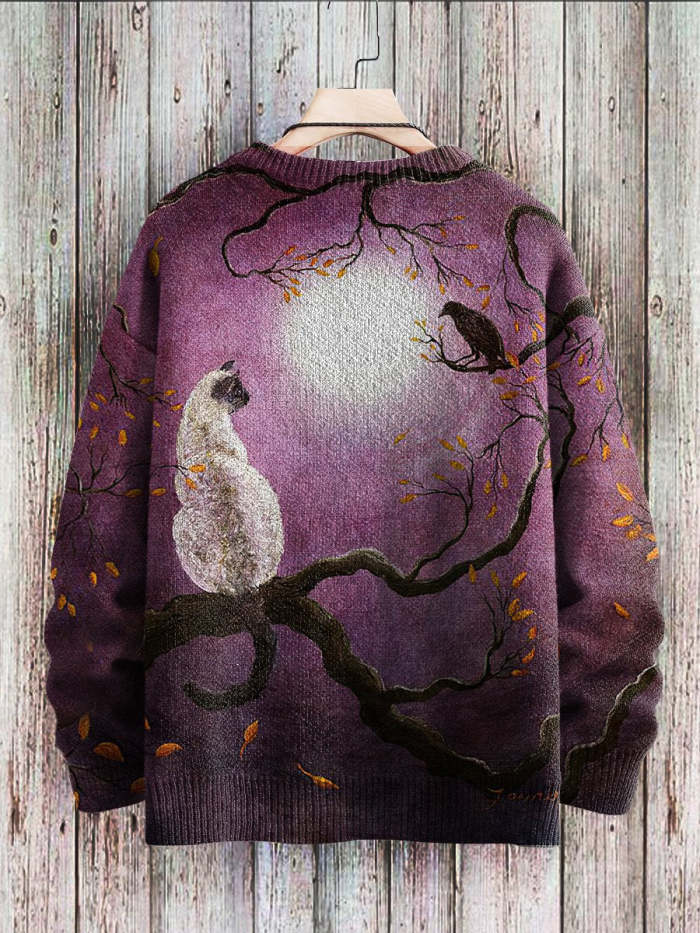 Vintage Cat Art Print Slouchy Knit Pullover Sweatshirt