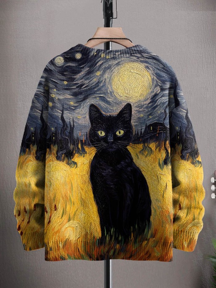 Unisex Art Black Cat Halloween Print Casual Knit Sweatshirt