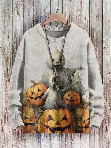 Halloween Pumpkin Ghost Vintage Art Vibe Print Sweater