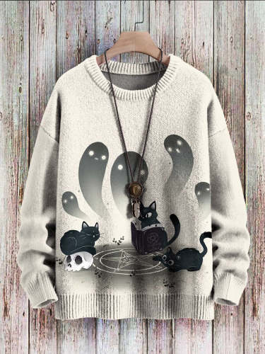 Halloween Black Cat Ghost Art Print Pullover Sweater