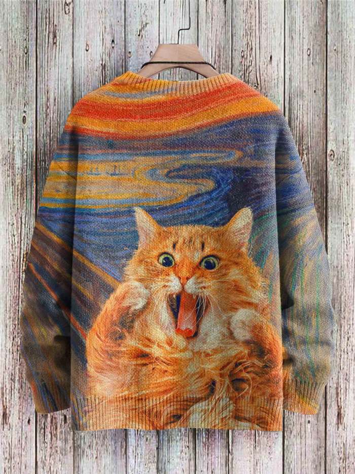Cute Cat Art Pattern Print Casual Knit Pullover Sweatshirt