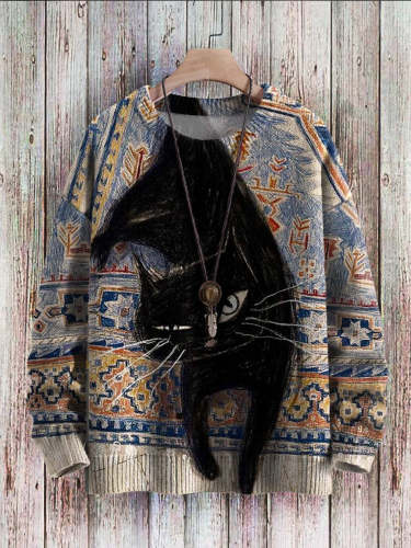 Vintage Cute Black Cat Ethnic Art Print Pattern Casual Knit Sweatshirt