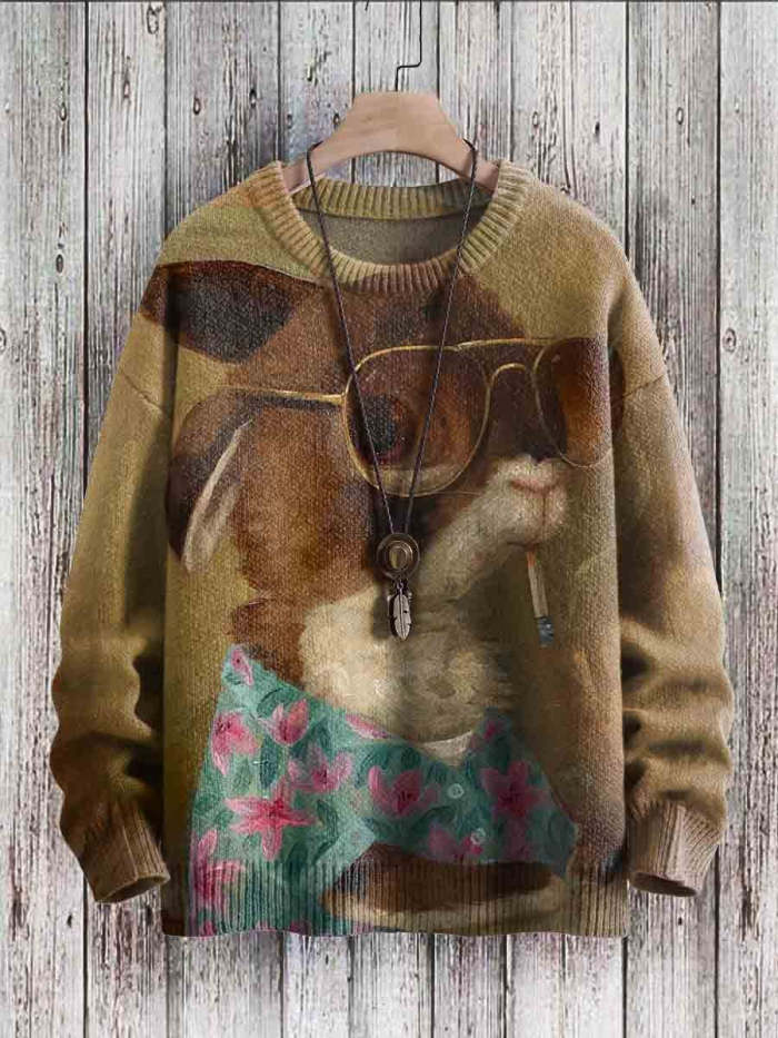 Vintage Cute Rabbit Art Print Casual Knit Pullover Sweater