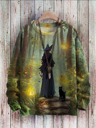 Halloween Witch Black Cat In The Forest Art Print Casual Knit Pullover Sweatshirt