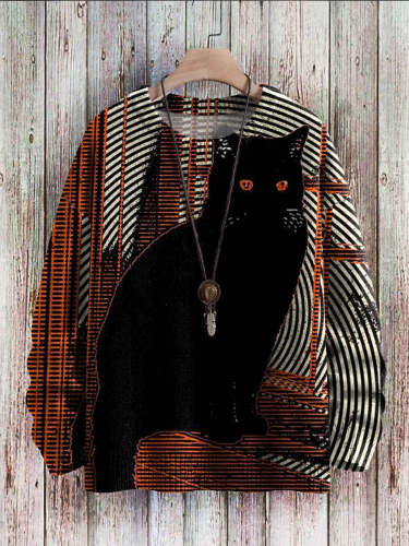 Halloween Black Cat Art Pattern Print Casual Knit Pullover Sweatshirt