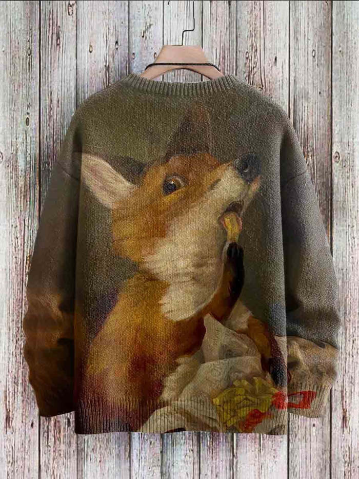 Vintage Cute Art Print Casual Knit Pullover Sweater