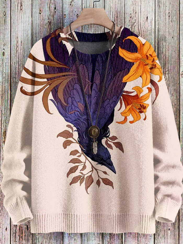 Crow Flower Art  Print Pullover Knitted Sweater