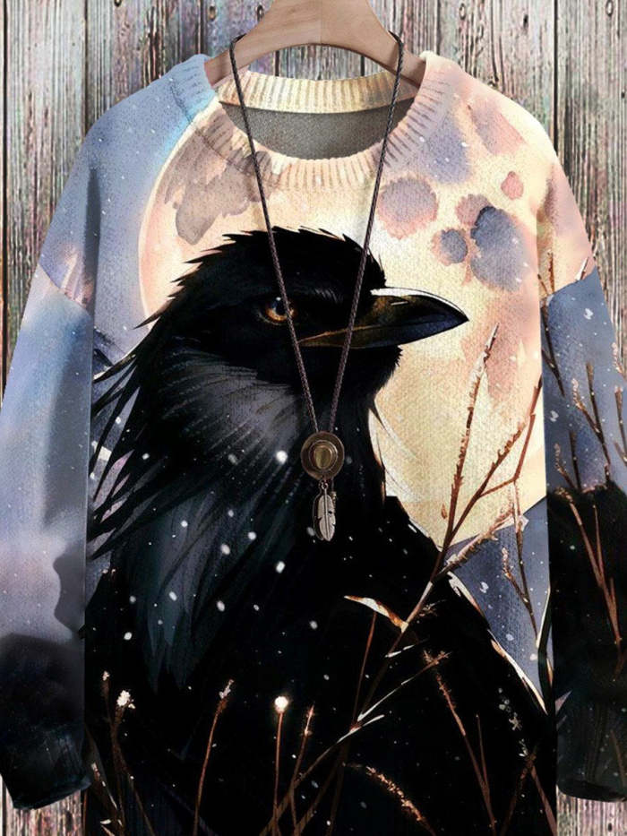 Halloween Crow Art Print Pullover Knitted Sweater