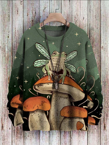 Vintage Mushroom Frog Fun Art Print Casual Pullover Knitted Sweater