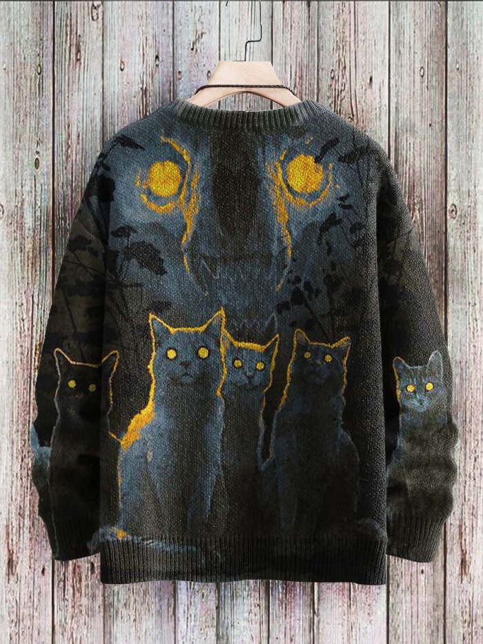 Halloween Funny Cats Art Print Pattern Casual Knit Sweatshirt