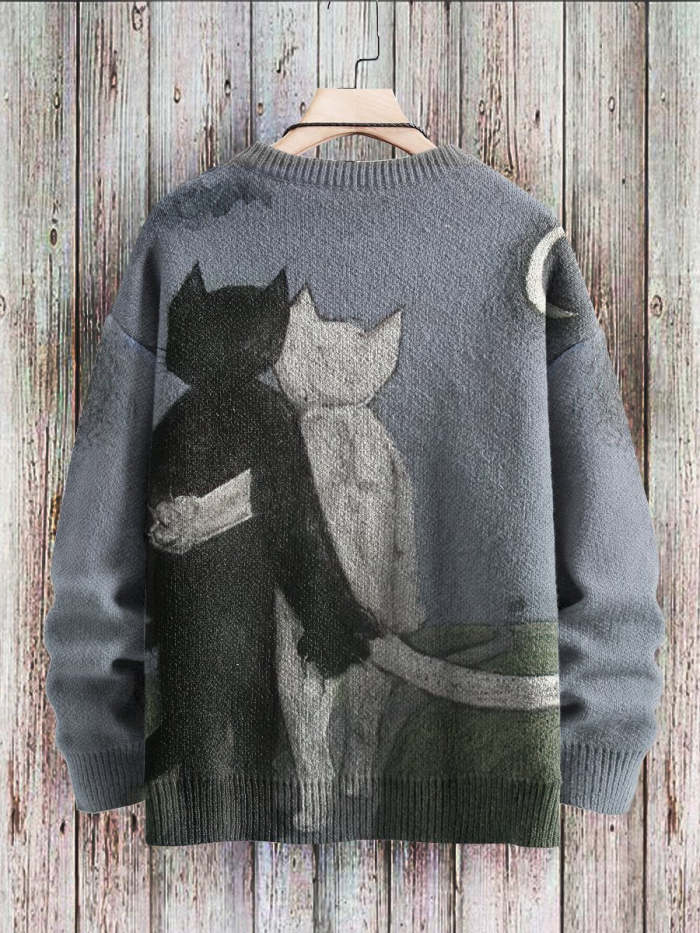 Vintage Cat Art Print Slouchy Knit Pullover Sweatshirt