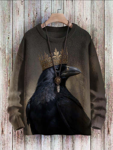 Halloween Crow Print Pullover Knitted Sweater