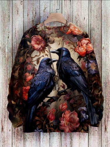 Vintage Raven and Floral Art Pullover Knitted Sweater