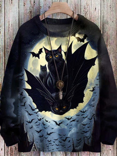 Halloween Cat Art Casual Print Pullover Knitted Sweater