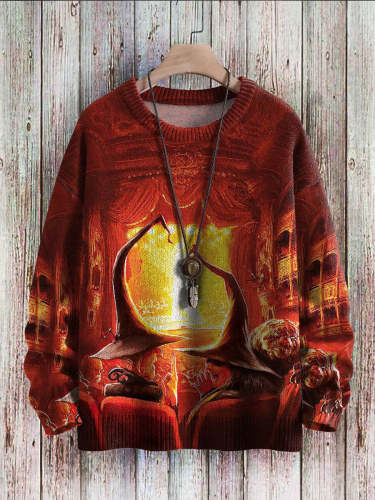 Halloween Witches Art Pattern Print Casual Knit Pullover Sweatshirt