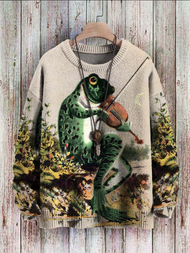 Vintage Frog Fun Art Print Casual Pullover Knitted Sweater