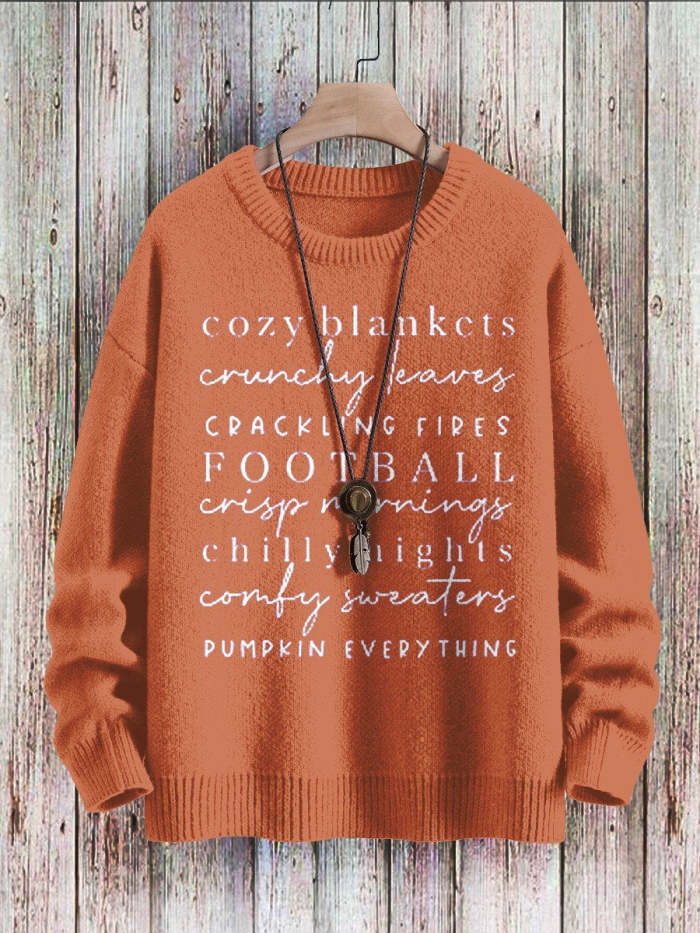 Cozy Blankets Crunchy Leaves Crackling Fires Football Print Pullover Knitted Sweater