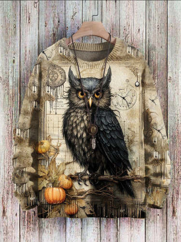 Halloween Owl Pumpkin Vintage Art Vibe Print Sweater