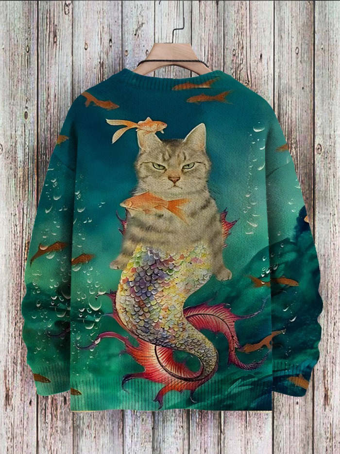 Vintage Cat Fun Mermaid Art Print Casual Pullover Knitted Sweater