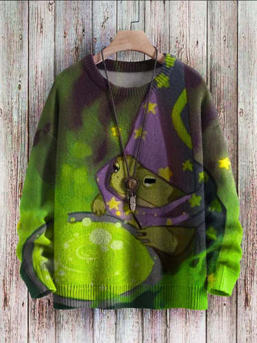Halloween Cute Wizard Frog Art Pattern Print Casual Knit Pullover Sweatshirt