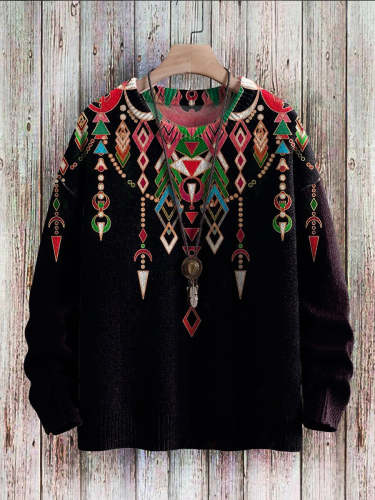 Vintage Ethnic Pattern Art Casual Print Pullover Knitted Sweater