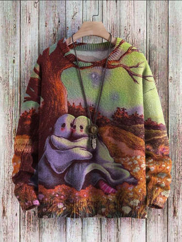 Ghost Art Pattern Print Casual Knit Pullover Sweatshirt