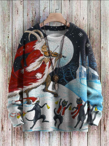 Christmas Devil Play Violin Black Cats Art Pattern Print Casual Knit Pullover Sweatshirt