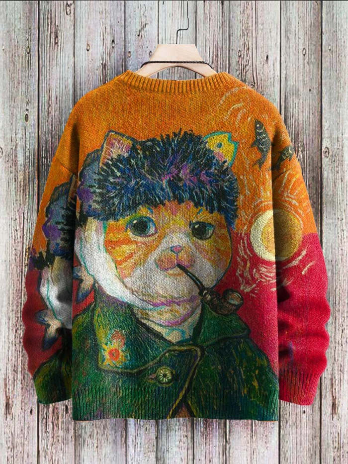 Vintage Funny Van Gogh Cat Art Print Casual Knit Sweatshirt