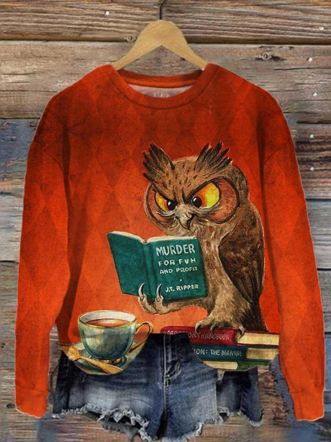 Women's Book Owl Print Casual Long Sleeve Top