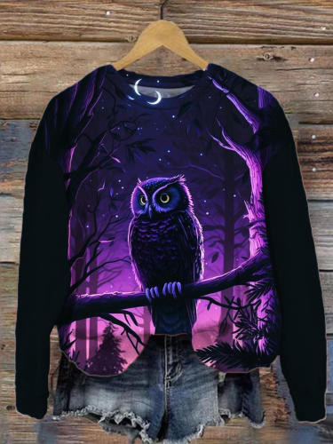 Women's Owl Print Round Neck Long Sleeve Top