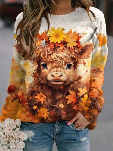 🔥Buy 3 Get 10% Off🔥Women'S Highland Bull Maple Leaf Print Crew Neck Sweatshirt