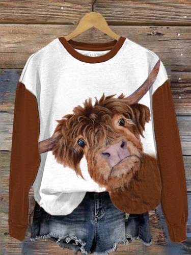 🔥Buy 3 Get 10% Off🔥Women's Fun Highland Cow Print Casual Drop Shoulder Long Sleeve T-Shirt