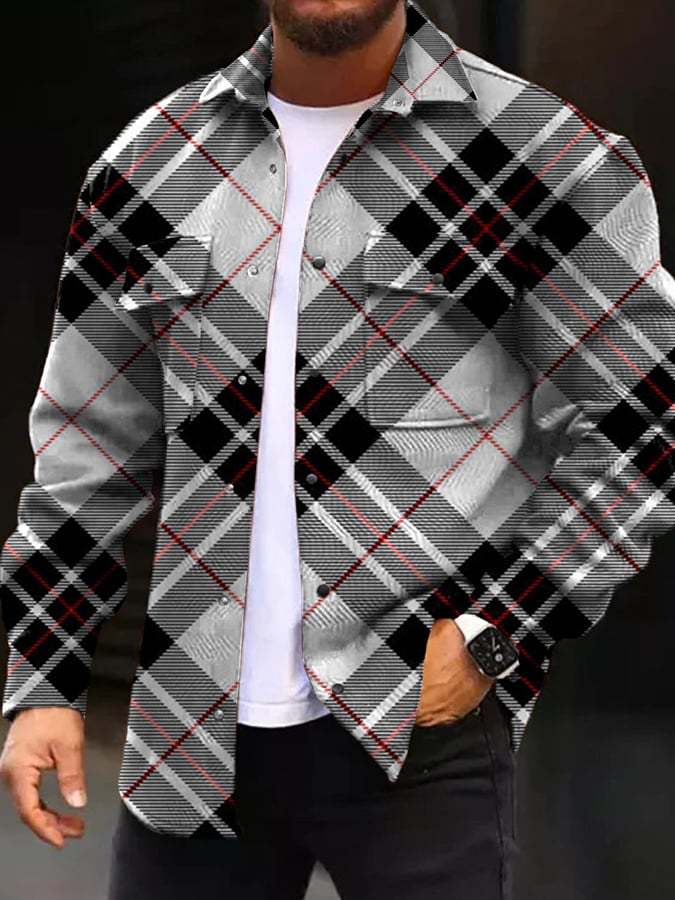 Fashion Simple Plaid Printed Men's Wool Jacket