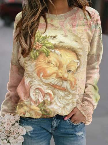 Women's Pink Vintage Santa Claus Long sleeve Print Sweatshirt